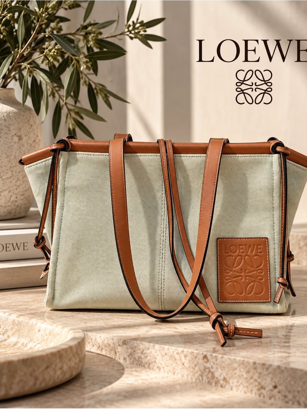Authentic Loewe Paula’s Ibiza Anagram Tote Khaki Canvas with Tan Leather Trim